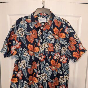 Hurley Men’s XXL Blue Hawaiian Shirt - Orange & White Orchids - Like New